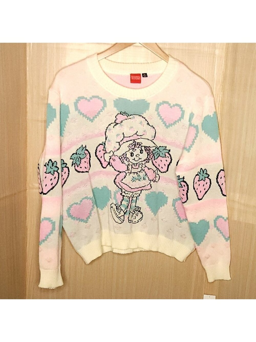 Strawberry Shortcake Womens New Pink White Oversized Retro Sweater Medium